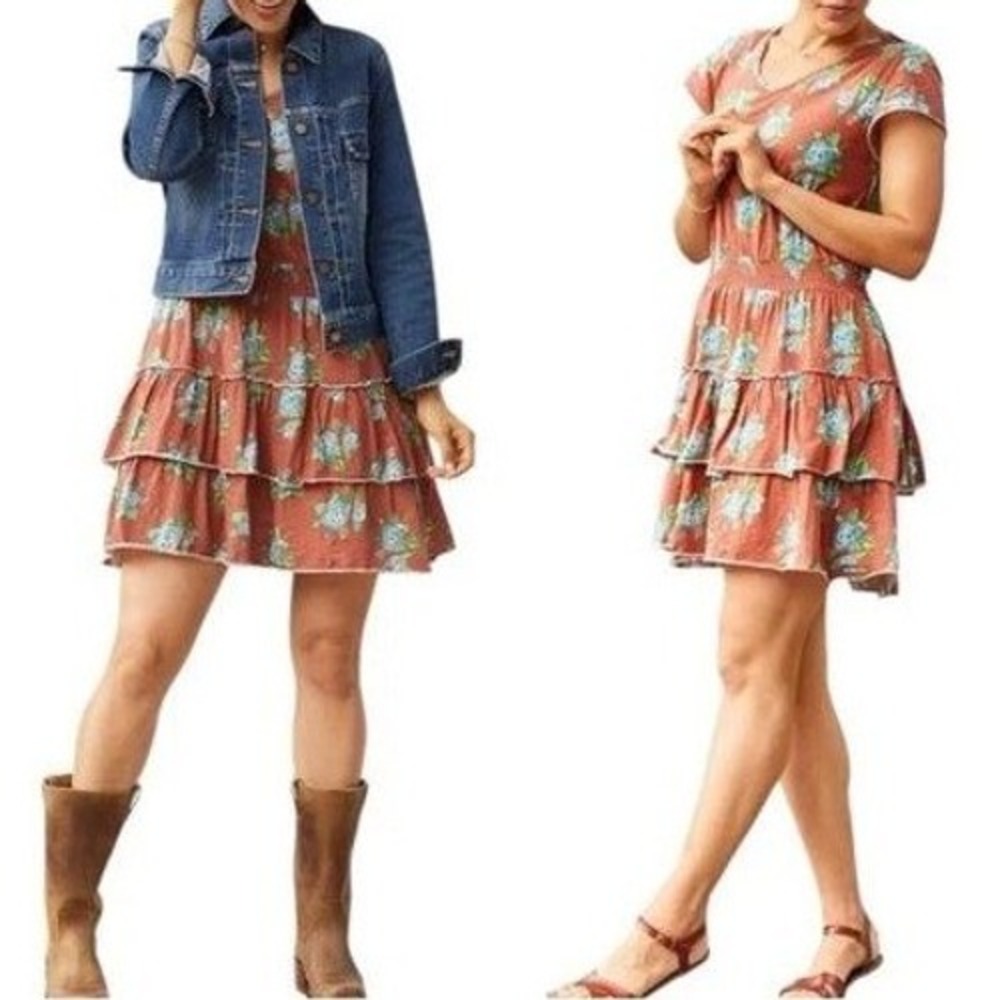 Matilda Jane Floral Dress Women Small Red Pink Blue Smocked Tiered Ruffle Cotton